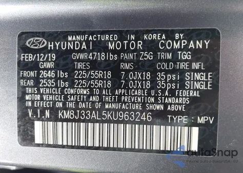 2019 Hyundai Tucson Sel from USA, damaged, VIN KM8J33AL5KU963246